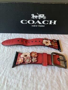 Coach: 2016 Red Leather Tea Rose Appliqué Apple Watch Band- 38mm-40mm- IOB